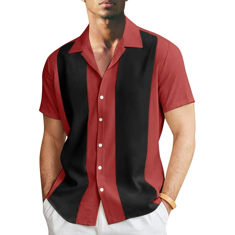 Red Summer Short Sleeve Shirts Mens Fashion And Leisure Color Matching Lapel Button Half Shirt T