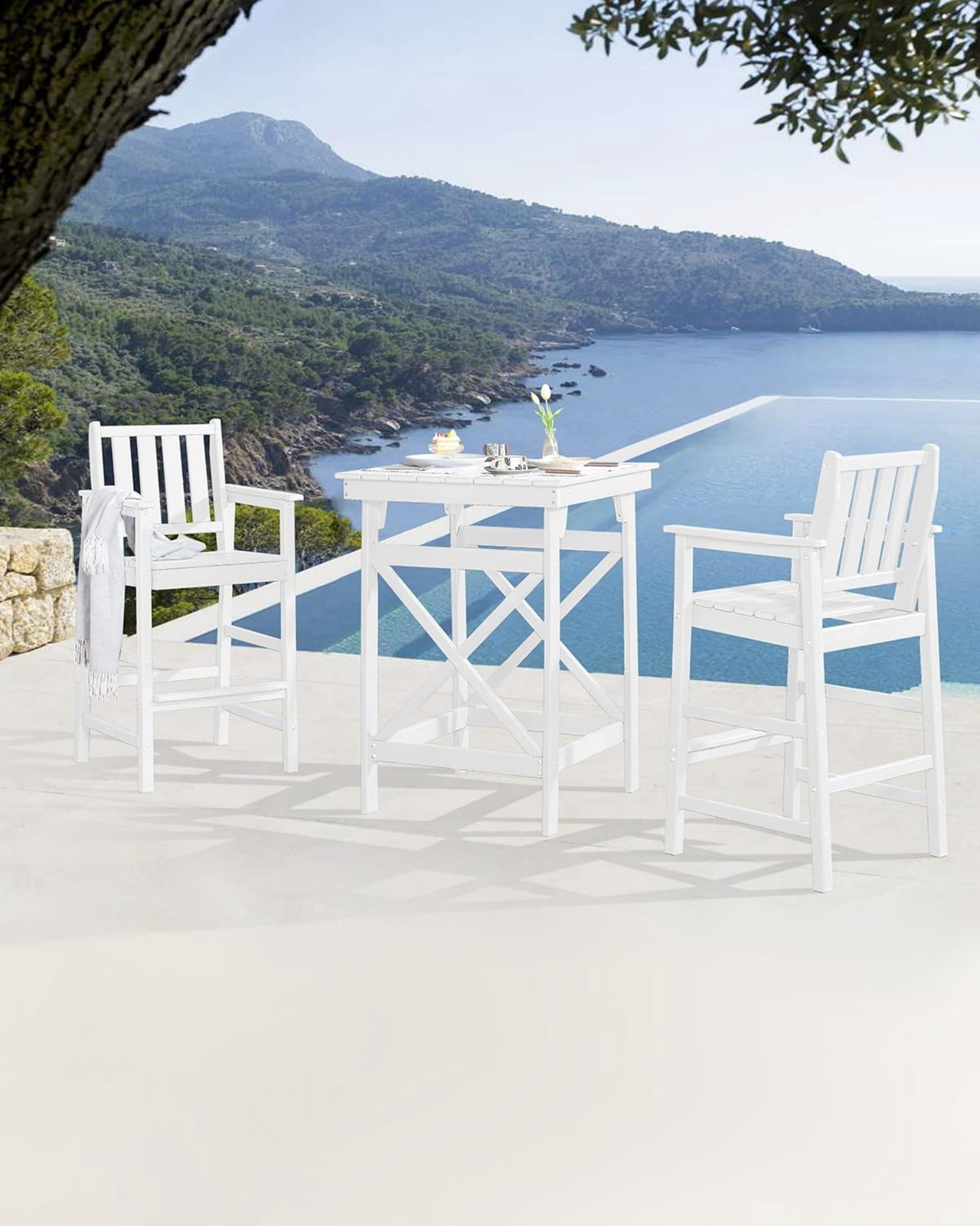 Adirondack Bar Chair Set of 2, HDPE Outdoor Bar Stools with Footrest, All Weather Adirondack Bar Height Chairs for Patio, Balcony, Porch, Deck, Poolside, Pearl