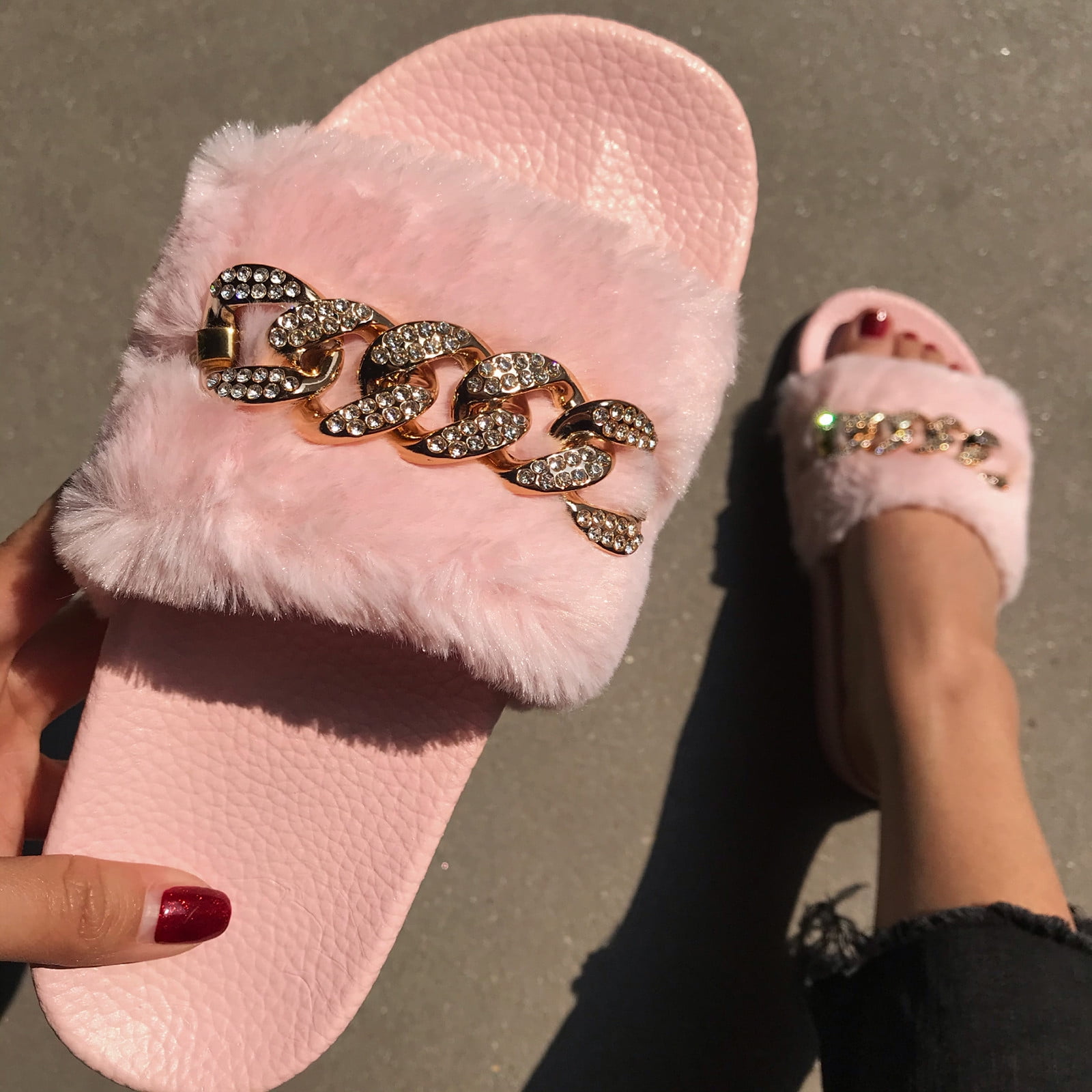 rhinestone fur slippers