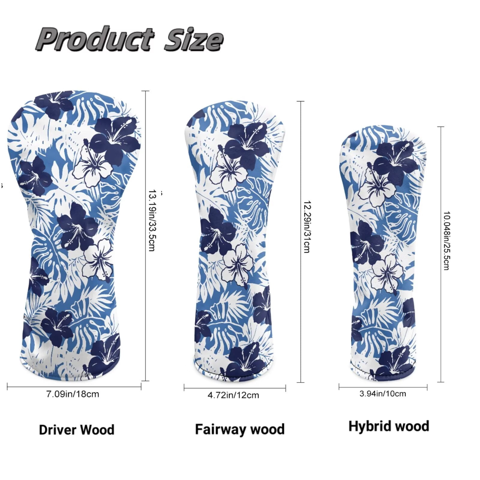 Uorisanigo Golf Club Head Covers, Waterproof Blue Hibiscus Flowers Golf Driver Fairway Wood Hybrid Headcover Head Cover Set of 3, Golfer Gift Accessory for Women Men, Stain-Resistant