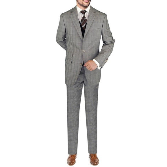 Mens Ticket Pocket 4-piece Stone Gray Windowpane Wool