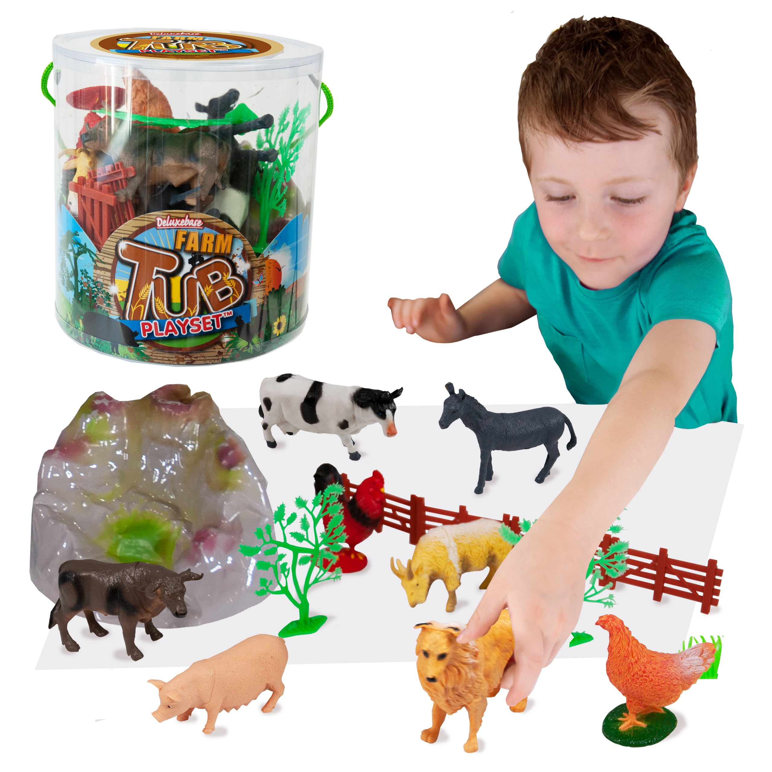 Tub Playsets Farm from Deluxebase. Farm Animal Toys Set for Kids