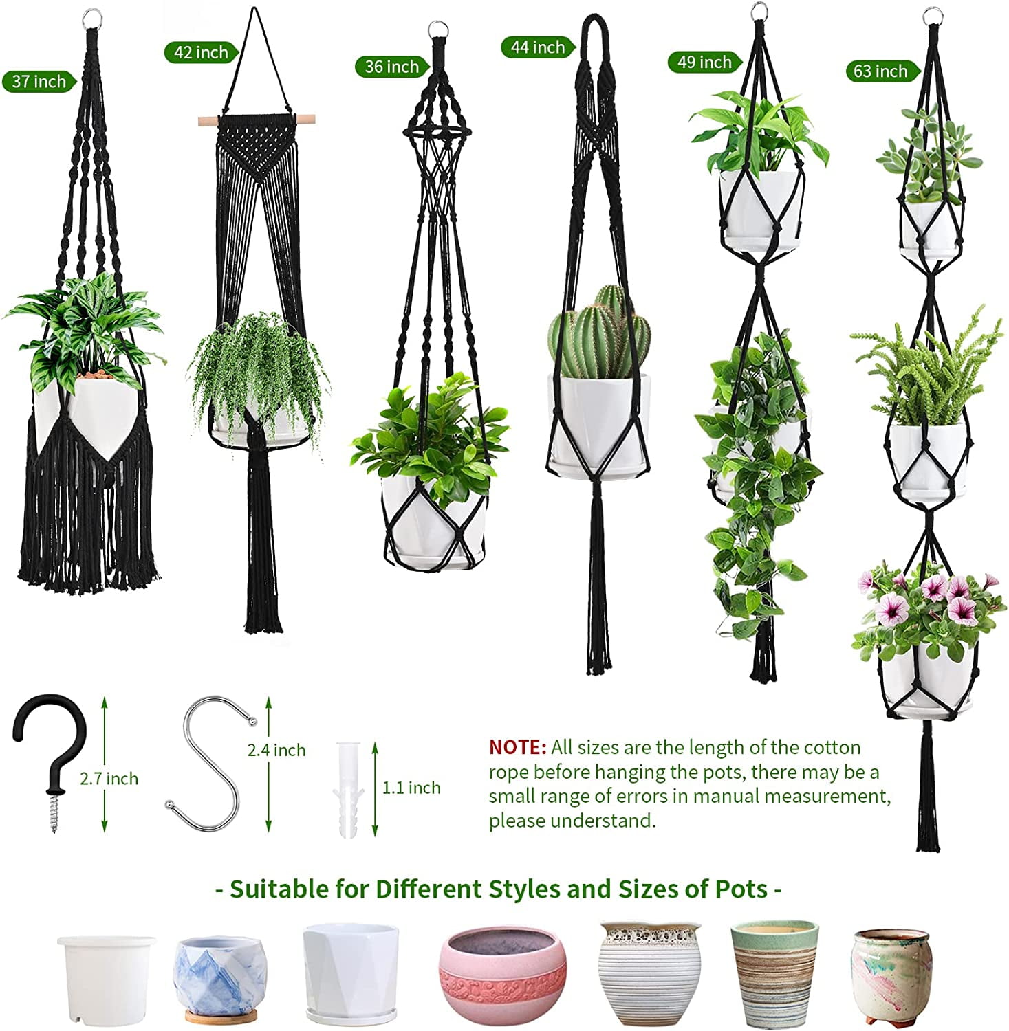 Macrame Plant Hangers, 6Pack Hanging Planters for Indoor Plants w/ 6 Set Hangers Kit Handmade Macromay Plant Hangers Indoor Flower Pots Holder Stand for Boho Home Décor (POTS NOT Included)