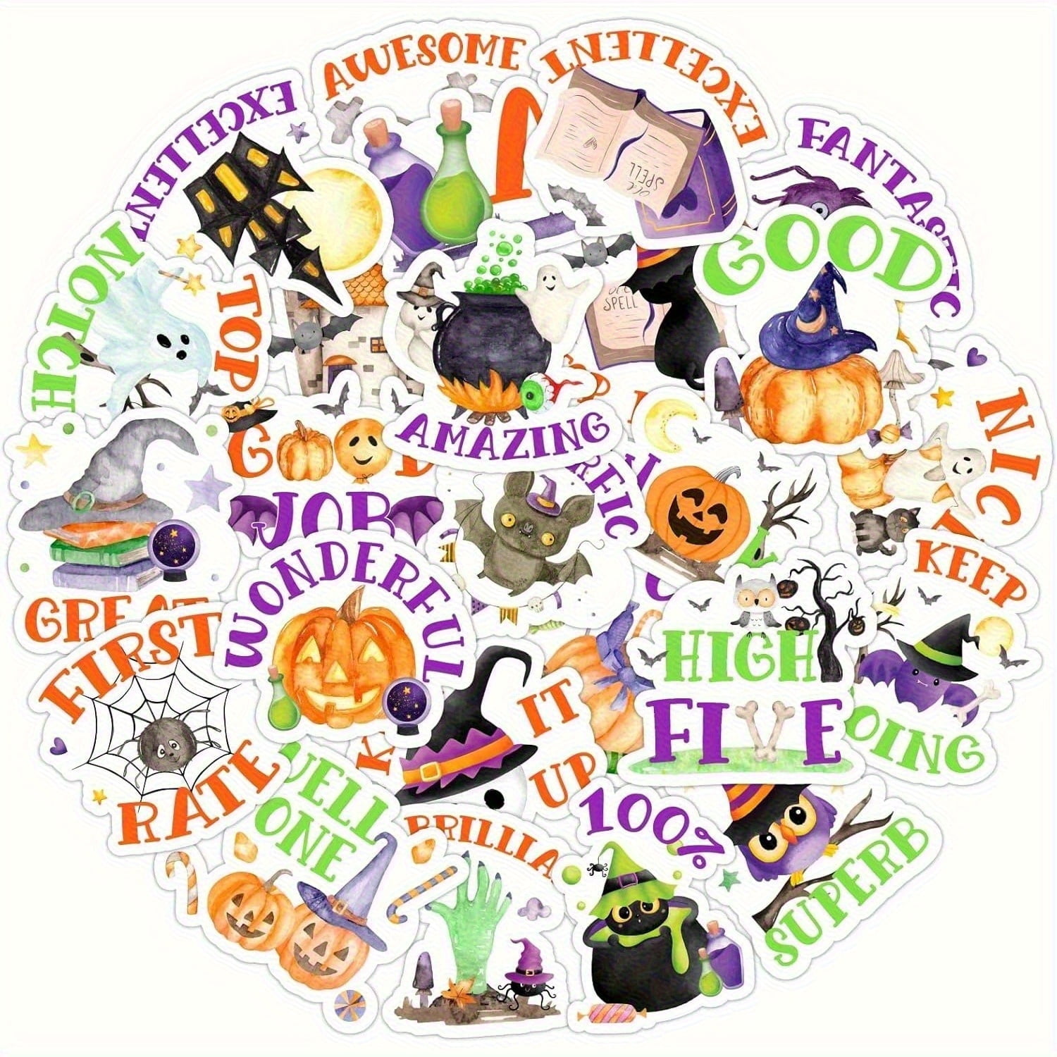 Halloween Orange Purple Green Teaching Reward Stickers 100PCS Teacher Incentive Sticker Set for Classroom Motivation Student Achievement Party Favor Rewards School Activities Behavior Charts Learning