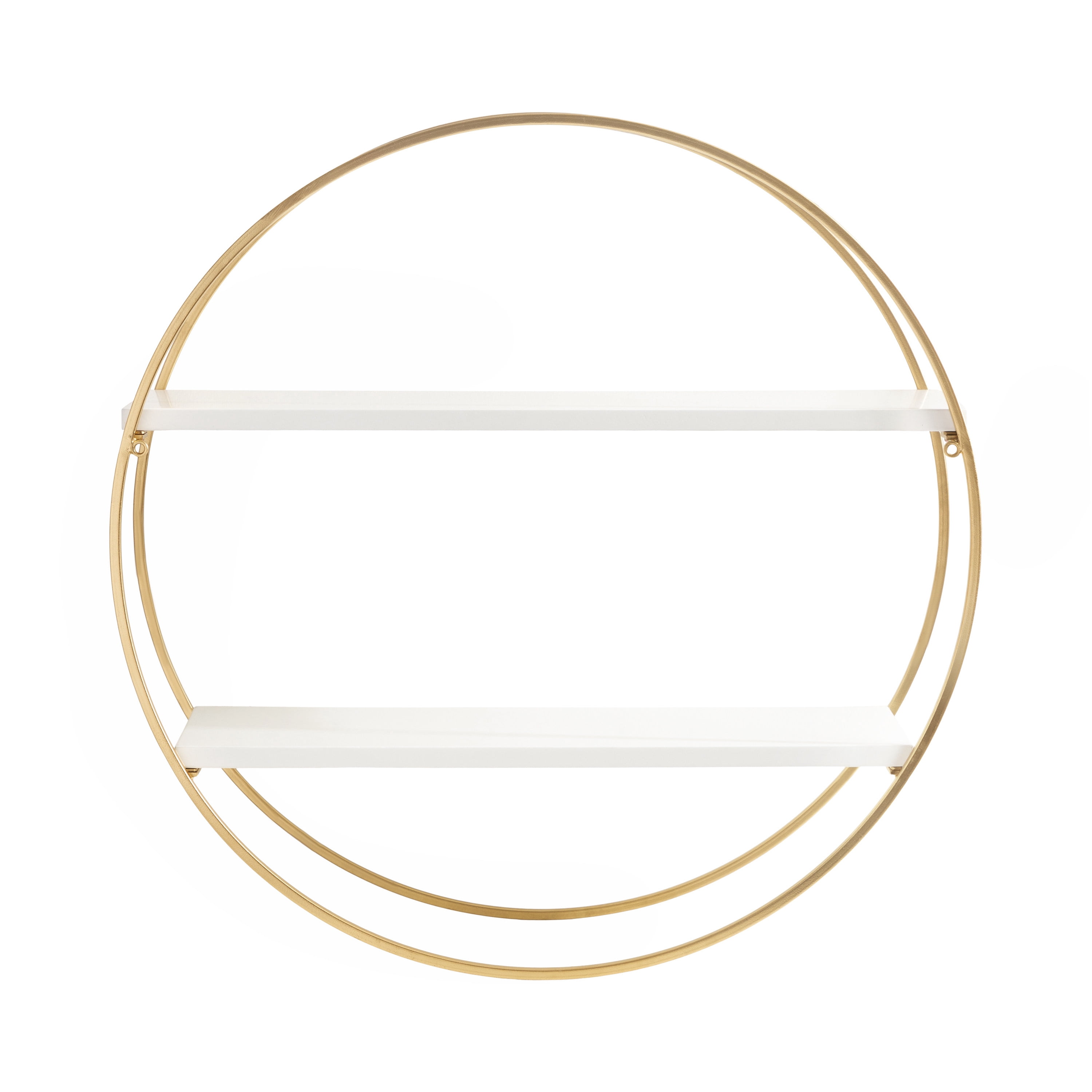 Kate and Laurel Sequoia Modern Round Wall Shelf, 24 Inch Diameter, White and Gold, Contemporary Glam 2-Tier Floating Shelf Decor for Living Room, Bedroom, or Bathroom Display