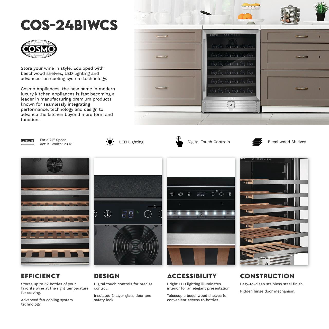 Cosmo Lumin Collection 24 in. 52-Bottle Single Zone Compressor Wine Cooler, LED Lighting, Stainless Steel