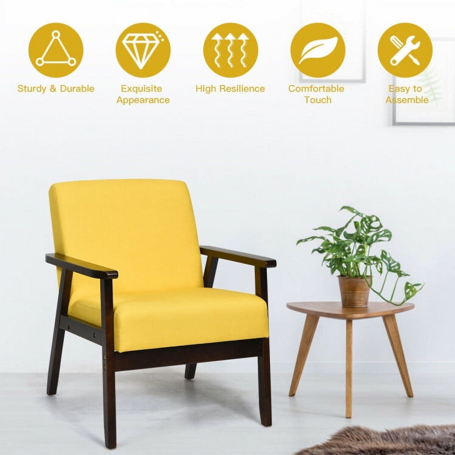 Finihen Mid-Century Modern Accent Chair, Retro Fabric Armchair, Solid Rubber Wood Fabric Accent Armchair, for Living Room, Yellow Finihen Mid-Century Modern Accent Chair, Retro Fabric Armchair, Solid Rubber Wood Fabric Accent Armchair, for Living Room, Yellow