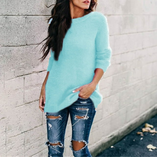 Qertyioot Femmes Plus Size Pull Femmes Mode Winterh Solide Col Rond à Manches Longues Chemisier