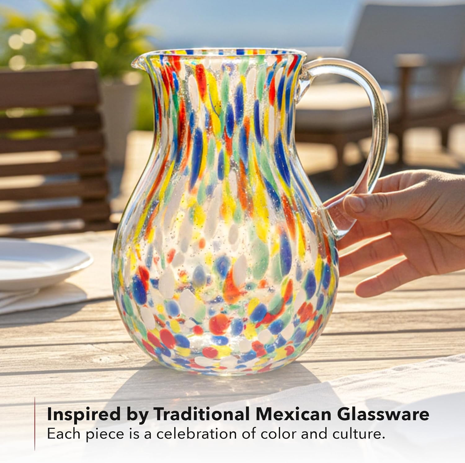 OVENTE Hand Blown Margarita Glass Pitcher with 2.5 Liter (84Oz) Capacity, Confetti Design and Sturdy Handle, Vibrant Beverage Carafe for House Party, Festivity and Family Gathering, Multicolor MGP84M
