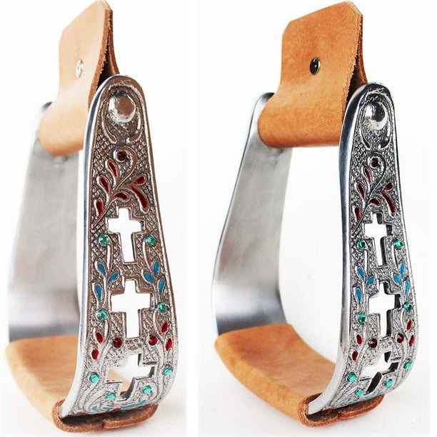 Horse Saddle Aluminum Stirrups Leather Engraved Cross Western Stirrup