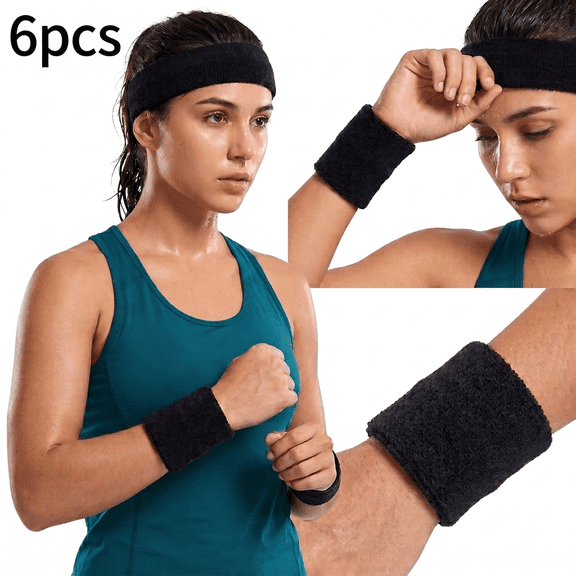ROSEXIXI Sweat Bands Headbands Two sets of 3 Pcs Black Cotton Wrist Support And Head Bands Set Breathable Running Headband And Sports Wristbands For Soccer Tennis Gym Accessories Running Exercise