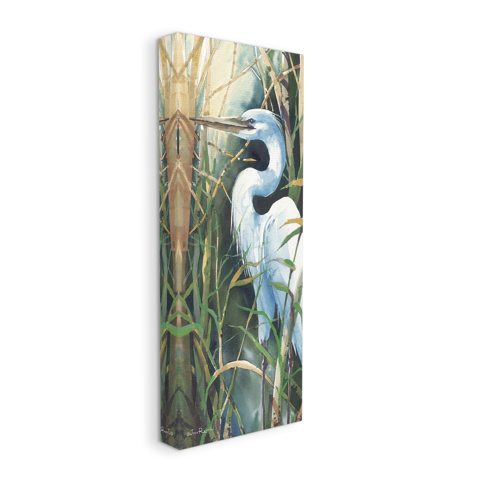 Stupell Industries Egret & Marshland Leaves Animals & Insects Painting Gallery Wrapped Canvas Art Print Wall Art, 13 x 30