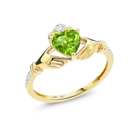 0.83 Ct Heart Shape Green Peridot White Diamond 10K Yellow Gold Irish Celtic Claddagh Ring
