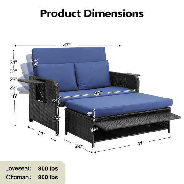 Patio Rattan Daybed Set, 2-in-1 Wicker Loveseat Sofa with Multipurpose Ottoman & Retractable Side Tray, 5-Level Adjustable Backrest, Footstool with Storage, Seat & Back Cushion Included, Brown