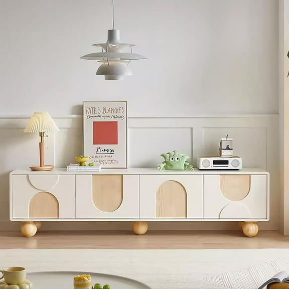 79" Modern Entertainment Center with Storage, White TV Stand for Living Room Bedroom with Cute ball Solid Wood legs, Wooden Media Console TV Cabinet for Home Office