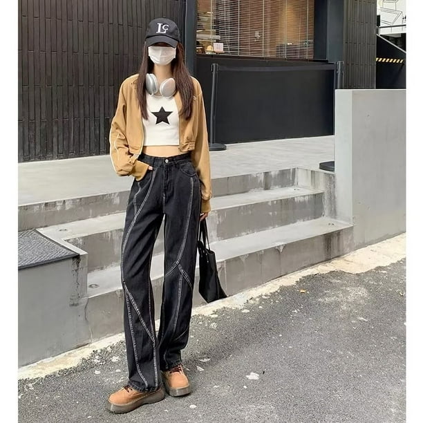 Pantalones vaqueros de estilo Retro para mujer, Jeans sueltos de nicho con piernas anchas, Pantalones rectos antiguos informales de cintura alta