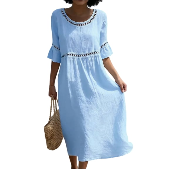 Domzest Summer Dresses for Women Crew Neck Half Ruffle Sleeve Hollow Out Waist Midi Dress 2026 Casual Loose Fit Beach Vacation Outfits Light Blue M
