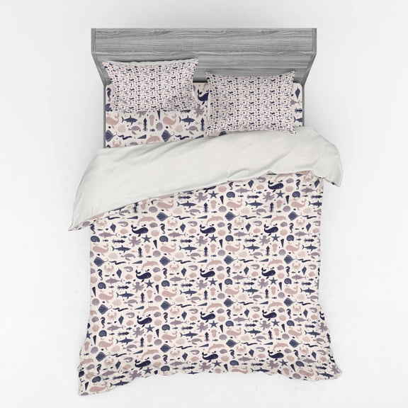 Ambesonne Nautical Bedding Set 4 Pcs, Vintage Sea Life Pattern, Queen, Champagne Multicolor