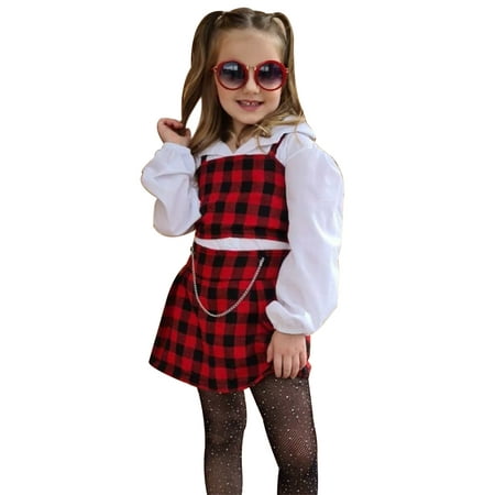 

Yinyinxull 3Pcs Kids Baby Girls Outfits Long Sleeve Single Breasted Shirt+Plaids Vest+A-Line Skirt Outfits Red Black 4-5 Years