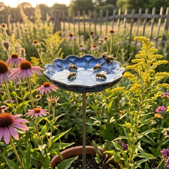 Glazed Ceramic Pollinator Waterer with Stake - Floral Insect Feeder for Outdoor Garden Yard Patio - Shallow Bird Bath for Hummingbirds and Helpful Bugs - Metal Ground Spike for Easy Setup