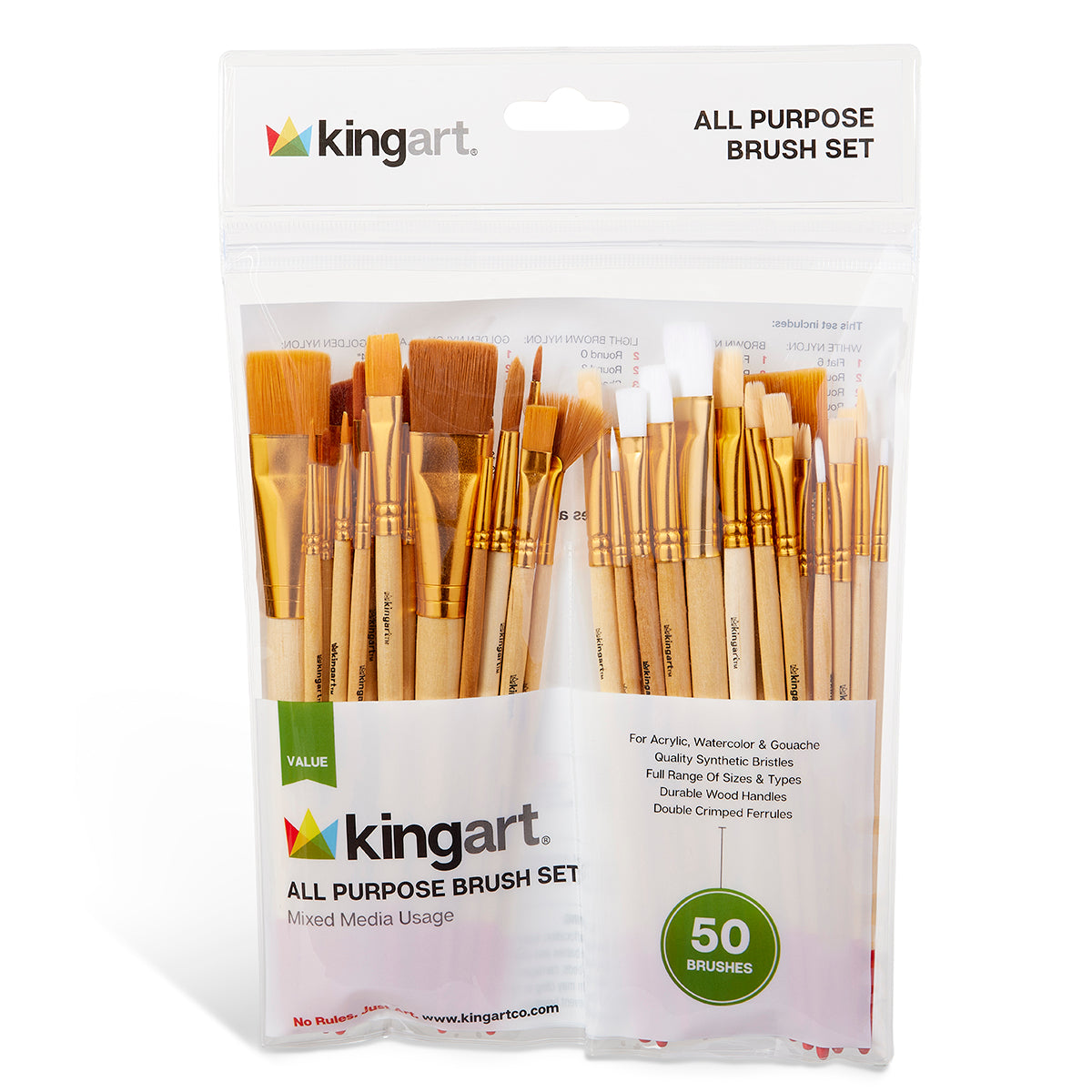 Kingart, Multicolored Value Pack Brushes, Set of 50, All Ages