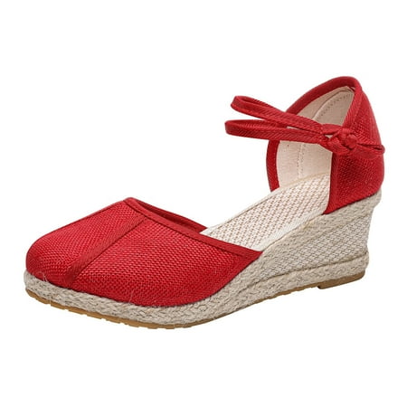 

Womens Sandals Fashion Women Summer Weave Comfortable Wedges Shoes Beach Round Toe Breathable Sandals Women S Sandals Cotton Fabric Red 39