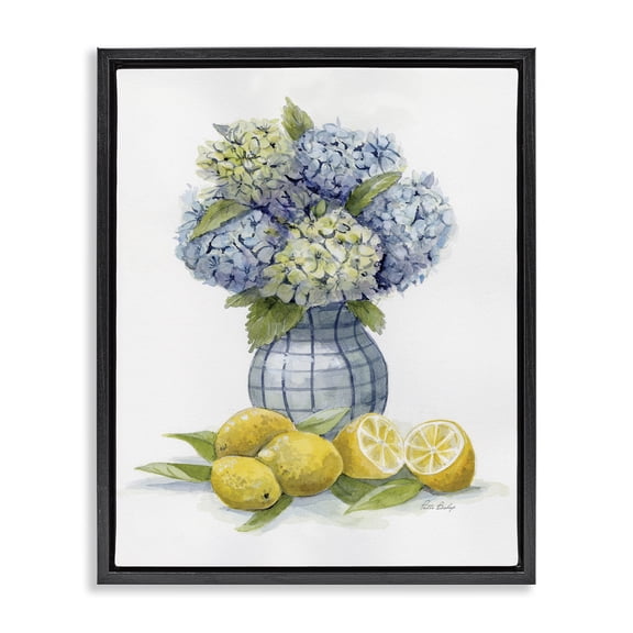 Stupell Industries Hydrangeas & Lemon Cluster Floral Painting Black Floater Framed Canvas Art Print Wall Art, 17 x 21