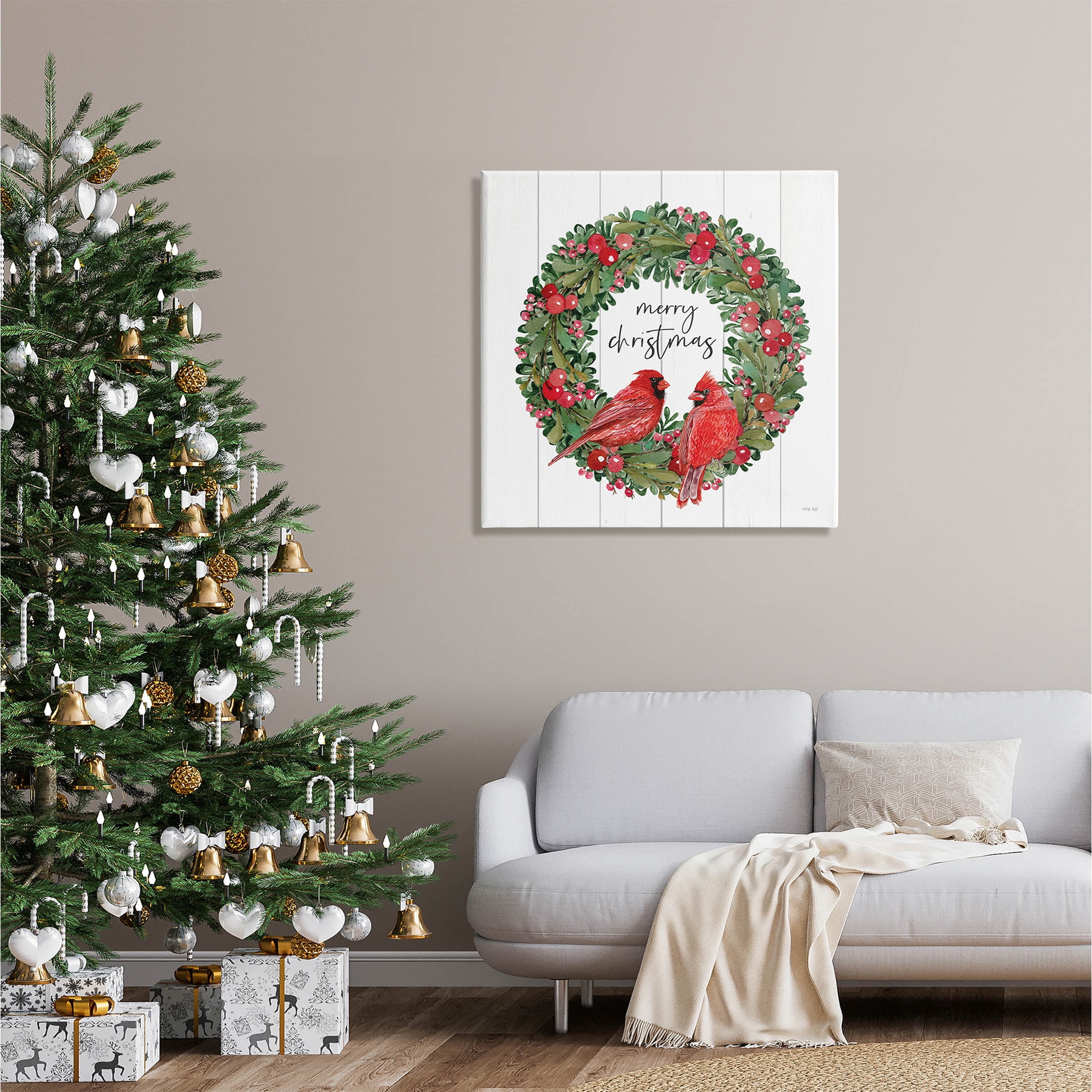 Merry Christmas Red Cardinal Wreath Holiday Graphic Art Gallery Wrapped Canvas Print Wall Art
