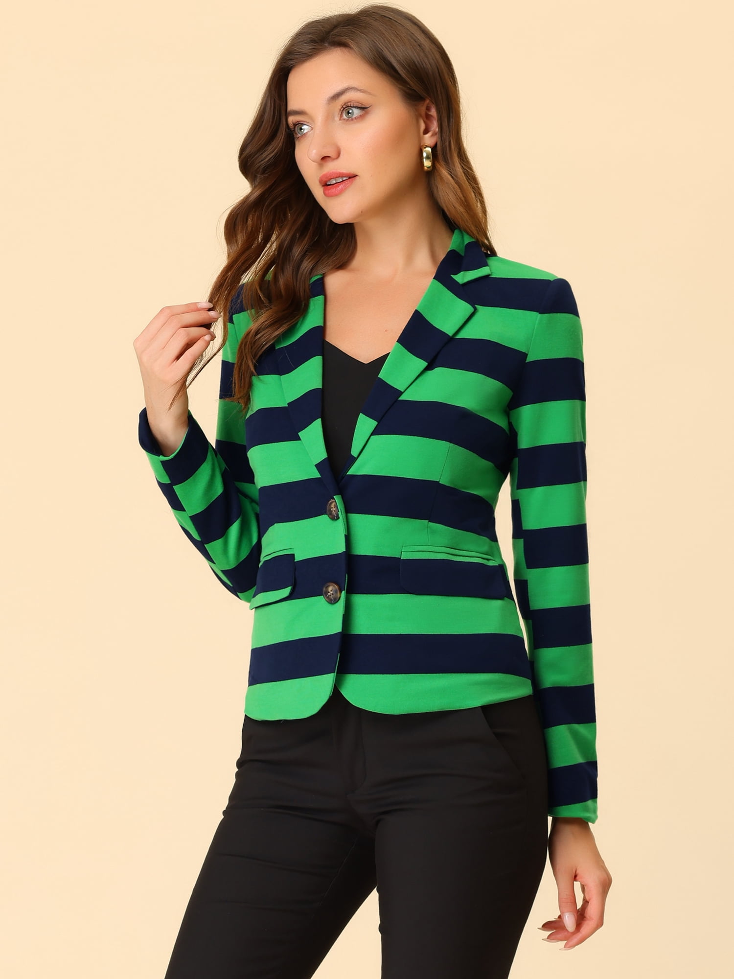 DARING DIVA Women's Striped Notched Lapel Button Closure Blazer S Green Navy
