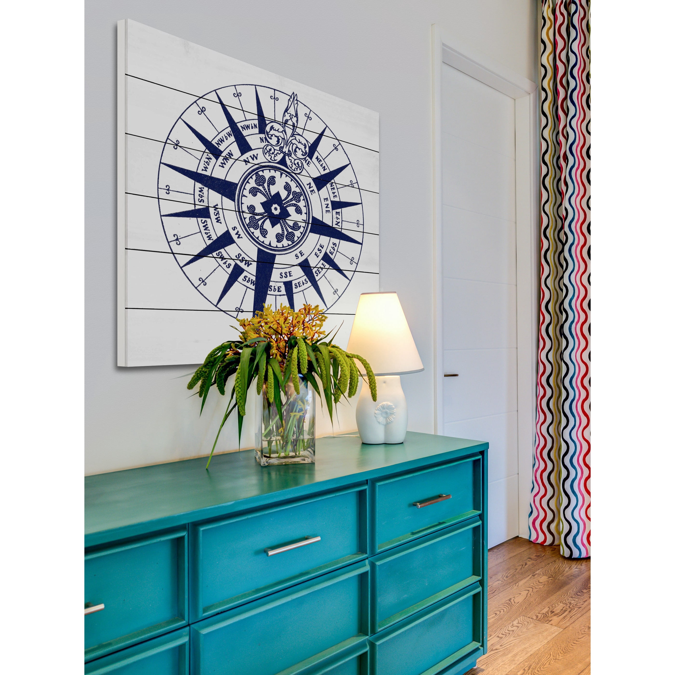 "Blue Compass" Painting Print on White Wood