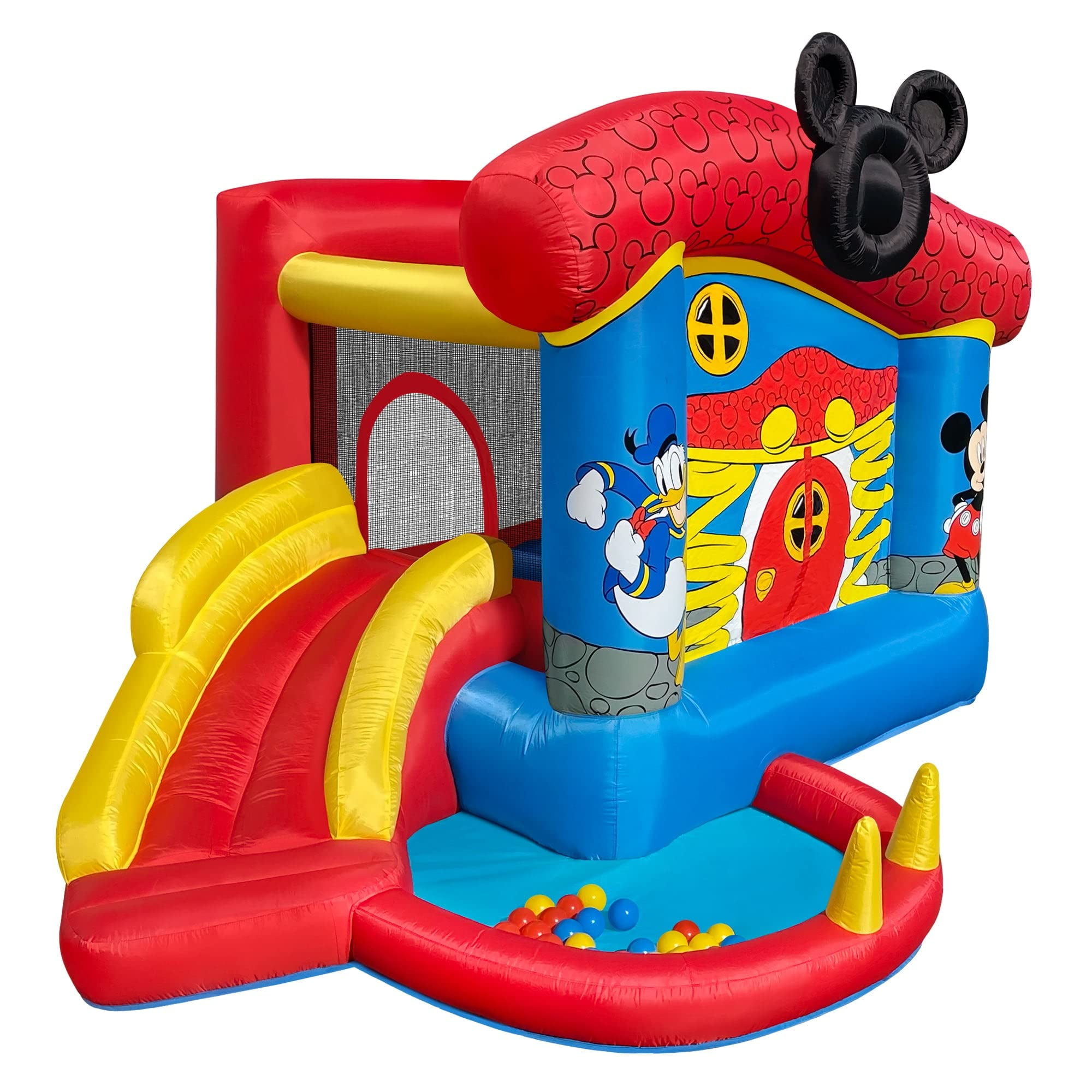Funormous Disney Mickey Mouse Bounce House with Slide, Indoor Outdoor Inflatable Bouncy Castle Funhouse Ball Pit Plus Heavy Duty Air Blower for Kids Ages 3-8 Years