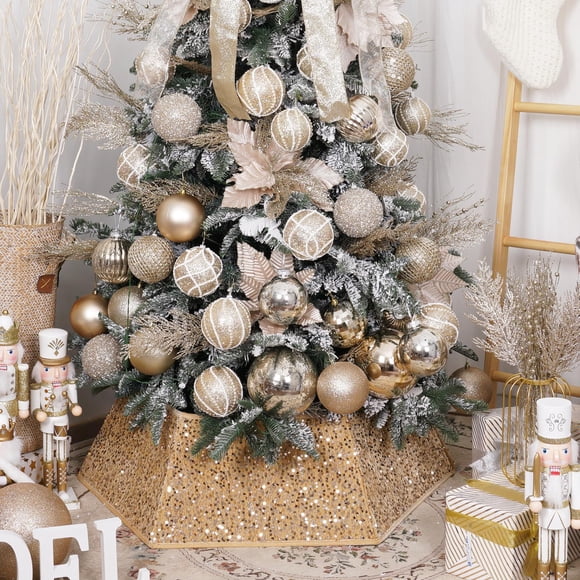 Collar de árbol de Navidad dorado champán con lentejuelas brillantes, collares de árbol de Navidad para árboles artificiales, falda de árbol de Navidad de 33.5 pulgadas, cubierta de base de soporte pa