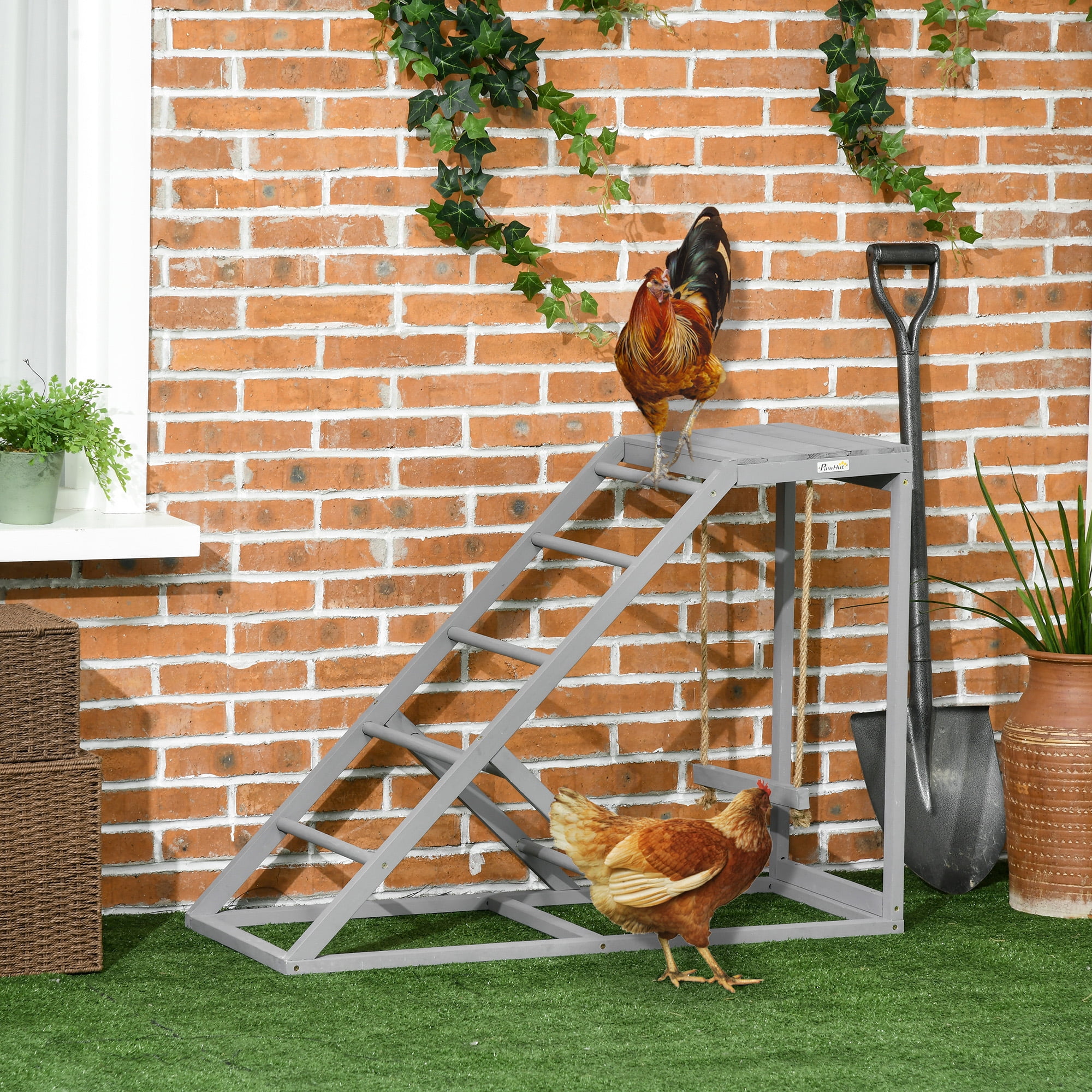 Chicken Activity Play for Healthy & Happy Animals, Swing Set with Chicken Perches & Hen Ladder, Chicken Coop Toy, Gray