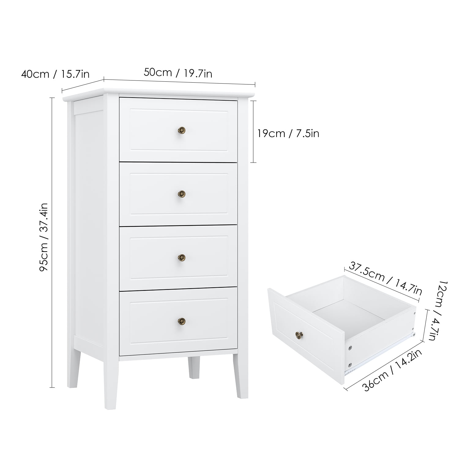 Homfa 4 Drawer White Dresser, Tall Wood Bedroom Dresser with Tall Legs, Bedroom Storage Chest