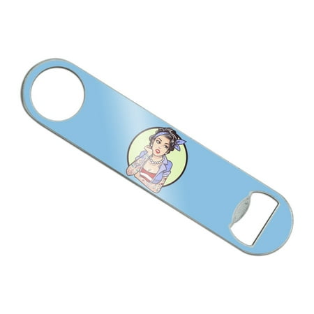 

Rockabilly Retro Pin Up Girl With Tattoos Stainless Steel Vinyl Covered Flat Bartender Speed Bar Bottle Opener