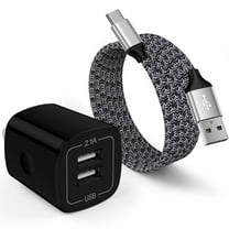 Hootek Dual Port Fast Charger 2 Port USB Adapter 2.1A Wall Charger Block, Quick Charger Brick with 2 Pack 6FT USB-C Charging Cable Cord Nylon Braided Fast Charging for Samsung, Black