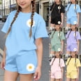 thumbnail image 7 of Moxiu Girls 2 Piece Summer Outfits Daisy Print Oversized Short Sleeve Crew Neck Tees Tops and Graphic Shorts Sets for Kids 2026 Blue,13-14 Years, 7 of 7