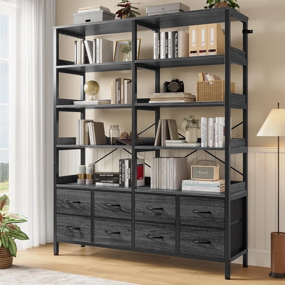 Bookshelf with 8 Fabric Drawers, 7-Tier Bookcase with Baffles Display Shelves, Large Book Shelf for Living Room Home Office, Grey