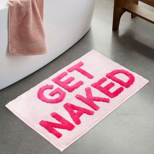 HAHDAXIA Get Naked Bath Mat Cute Bathroom Rugs, Non Slip Water Absorbent Bath Rugs Funny Bathroom Mat, Machine Washable Microfiber Bath Rugs for Bathroom Floor 32" x 20", Pink