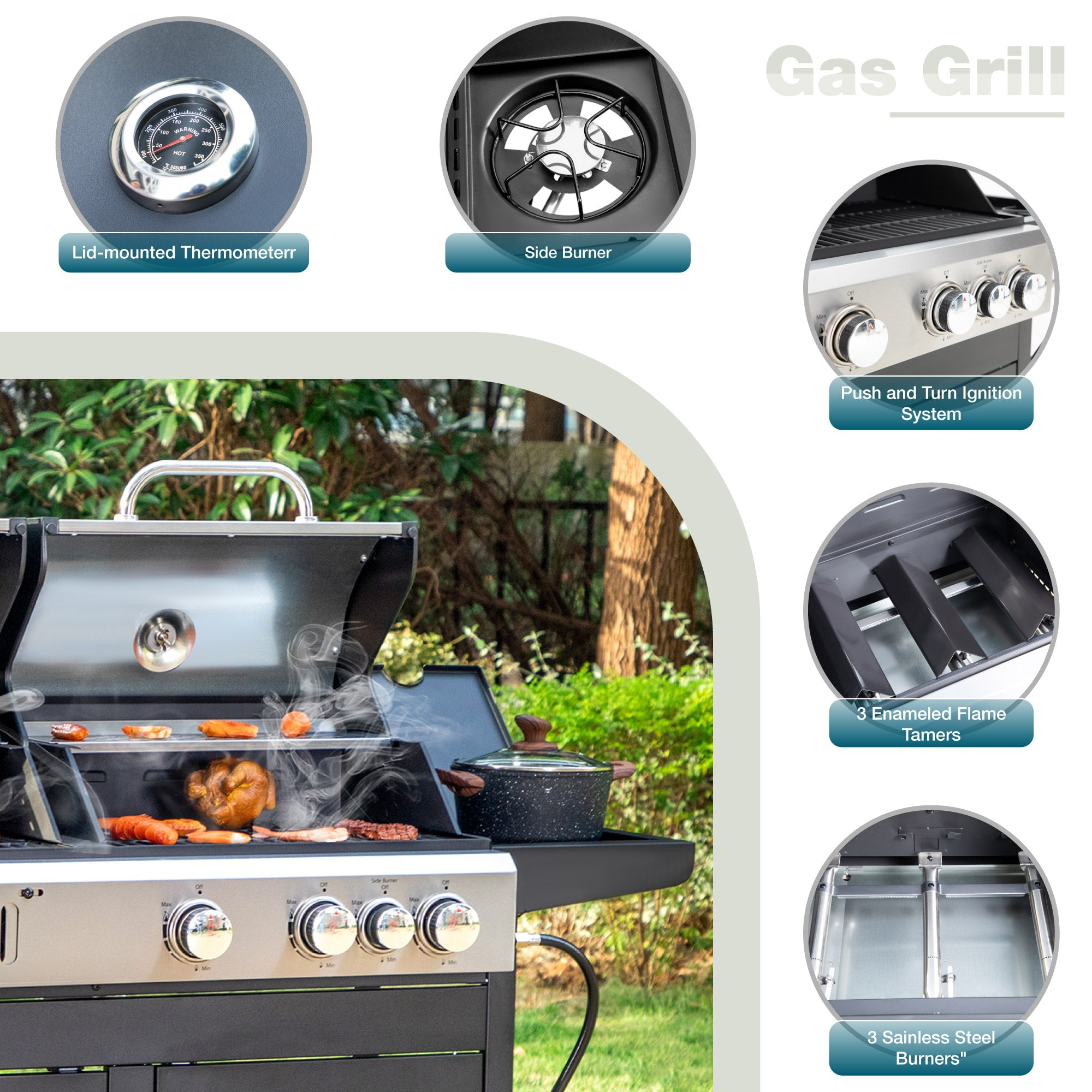 Alpha Joy Dual Fuel Gas and Charcoal Grill Combo with 3 Burners and Side Burner