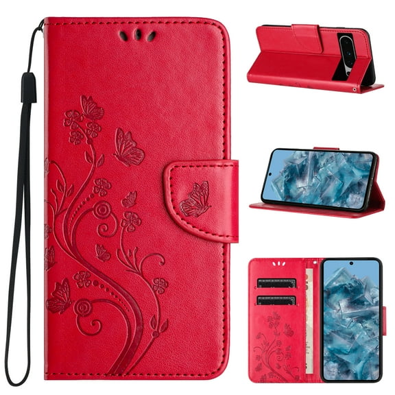 Feishell Slim Wallet Phone Case for Google Pixel 9 / 9 Pro,Butterfly & Floral Embossed PU Leather Anti-Scratch Shockproof Magnetic Clasp Flip Kickstand Credit Card Slots Phone Cover,Red