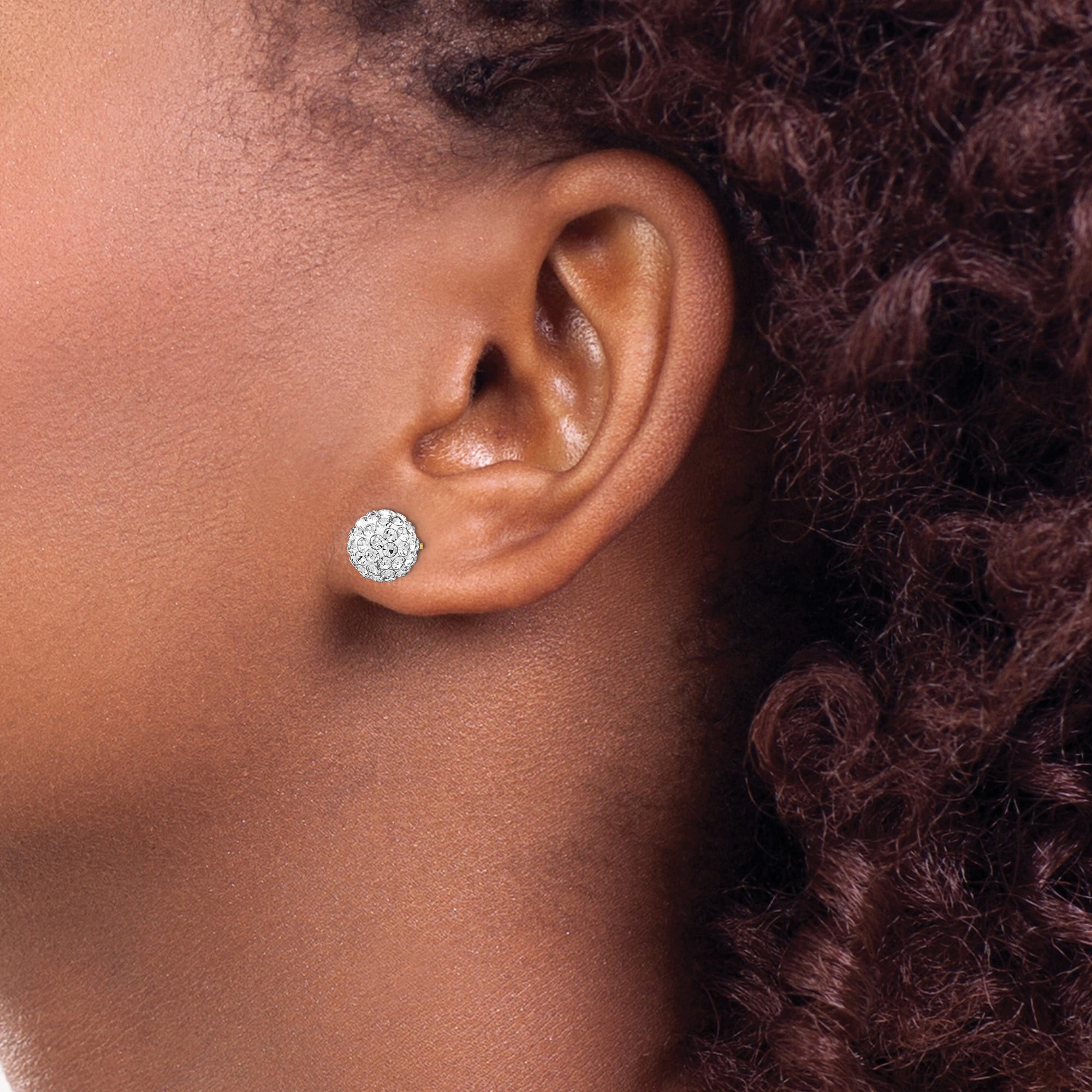 14k Yellow Gold Stud Earrings for Women, Dome Ball Shape with Clear Crystal Pave, Elegant Sparkly Design for Everyday and Formal Wear, Lightweight Classic Style