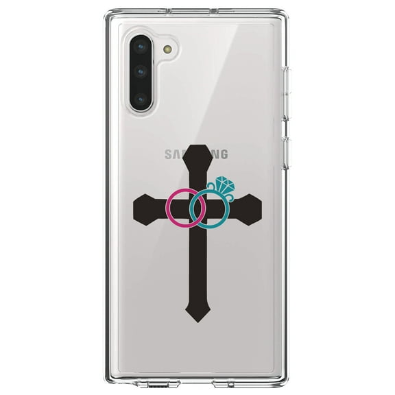 DistinctInk Clear Shockproof Hybrid Case for Samsung Galaxy Note 10 (6.3" Screen) - TPU Bumper Acrylic Back Tempered Glass Screen Protector - Wedding Rings Cross Jesus