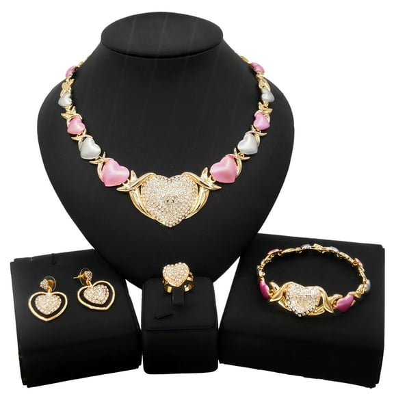 Women's Hugs & Kisses XOXO 18k Real Gold Plated Layered 4 Pieces Necklace Set Multi Color Shiny Real Looking Diamond Heart Pedant Necklace Includes Necklace Bracelet Ring Earrings