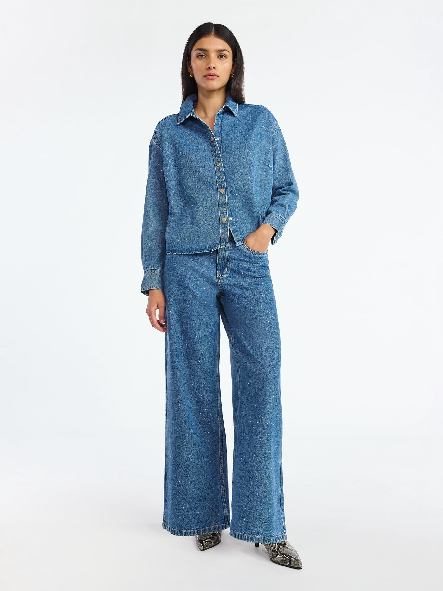 Scoop Women’s Rhinestone Embellished Cotton Denim Shirt with Long Sleeves, Sizes XS-4X