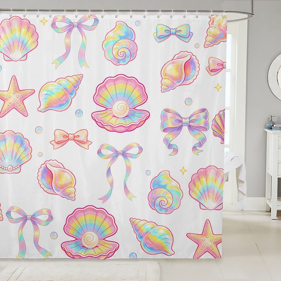 Manfei Colorful Gradient Bow Shower Curtain 72Wx72L,Rainbow Conch Stars Bathroom Curtain