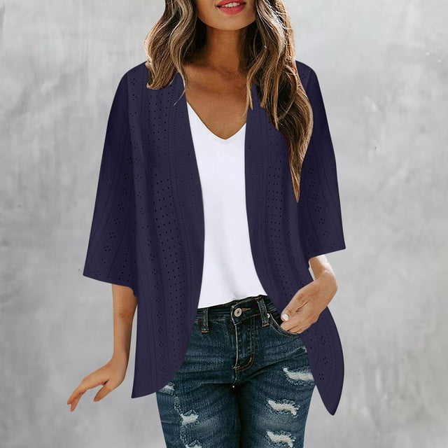 AherBiu Cardigan pour Femmes Manches 3/4 Léger Printemps Été Automne 2025 Mode Décontracté Doux Confortable Veste Ouverte