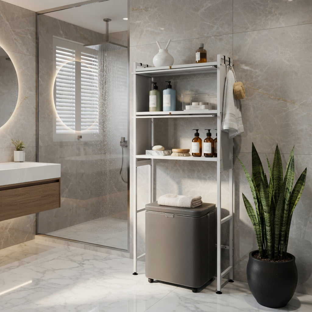 Hommoo Over-the-Toilet Storage Cabinet with Flip-Up Doors, Adjustable Height & Wall-Safe Design, Bathroom Organizer for Shampoo, Toiletries & Towels, White
