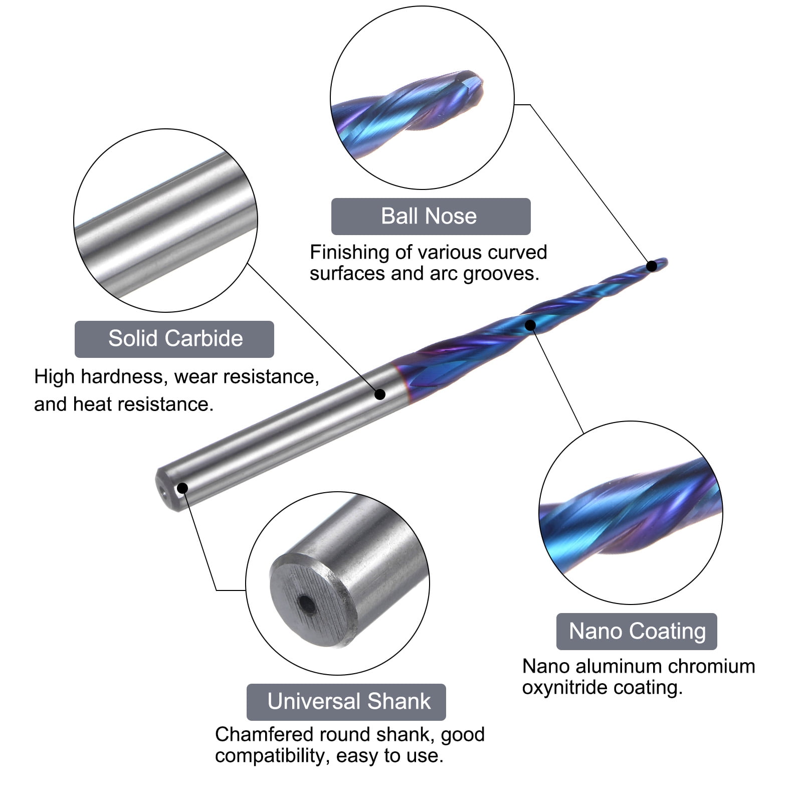 Uxcell Tapered Ball Nose End Mill 1/32" Radius 1/4" Shank Solid Carbide Nano Coated Upcut Spiral 3 Flutes
