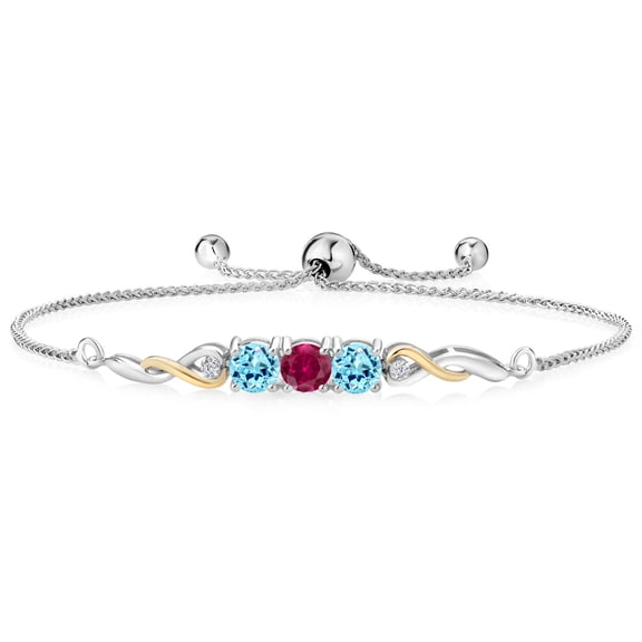 925 Sterling Silver and 10K Yellow Gold Red Created Ruby Blue Apatite and White Lab Grown Diamond Tennis Bracelet for Women (2.01 Cttw, Gemstone July Birthstone, Fully Adjustable up to 9 inch)